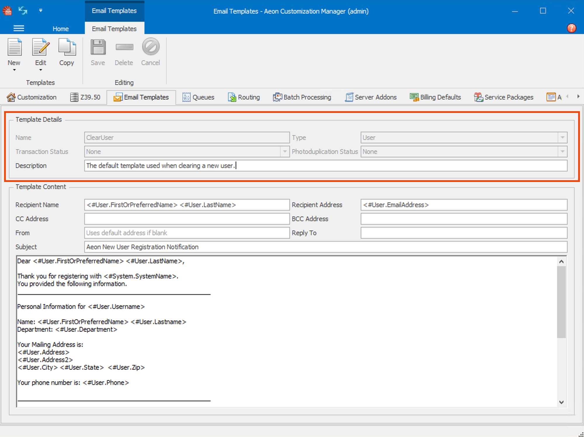 ClearUser template in the Aeon Customization Manager